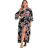 Women's Plus Size Cotton Kimono Robes Soft Long Knit Bathrobes Lightweight Sleepwear V-Neck Ladies Loungewear