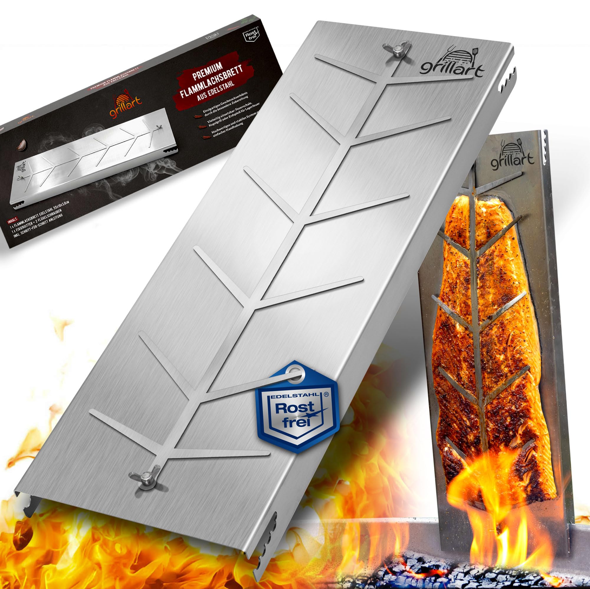 grillart® XXL Premium Stainless Steel Flame Salmon Board - 180° Rotatable & 5-Way Adjustable - Salmon Board for Grill & Fire Pit - Robust Grill Accessories - 55 cm Long and 18 cm Wide