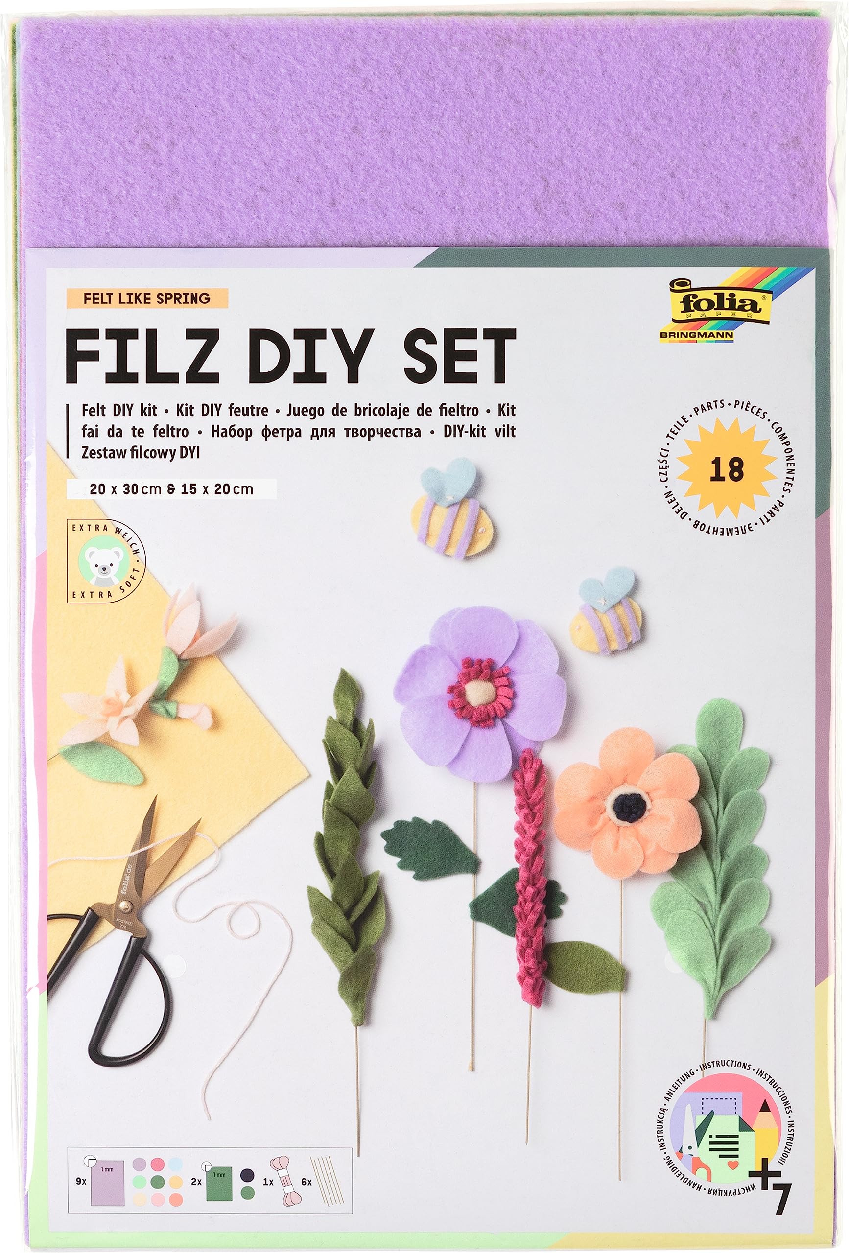 Folia 51049 Craft Felt Set Spring 11 Pieces 3 Sizes Felt in Various Designs Including Craft Instructions and Sewing Pattern Sheet, Colourful