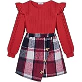 Arshiner Girls Skirt Sets Ruffle Sleeve Top and Plaid Mini Skirt 2 Piece Fall Winter Outfits for Kids