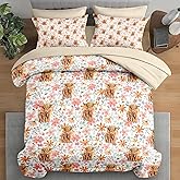 Pamnest Comforter Set Full Size, Cute Highland Cow 7 Pcs Bedding for Kids and Adults, Cartoon Flower Leaves Bed Sheet Sets with Fitted Sheet 2 Pillowcases & 2 Shams for Bedroom Bed Decor