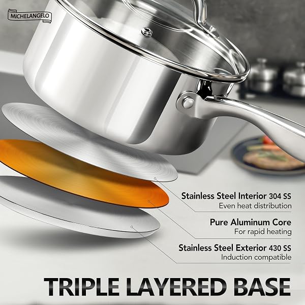 MICHELANGELO SAUCEPAN SET 6PC, 18/10 STAINLESS STEEL SAUCE PAN WITH LID, TRI-PLY BOTTOM SAUCE POT SET, NONSTICK SAUCEPAN, INDUCTION COMPATIBLE, 1QT & 2QT &3QT