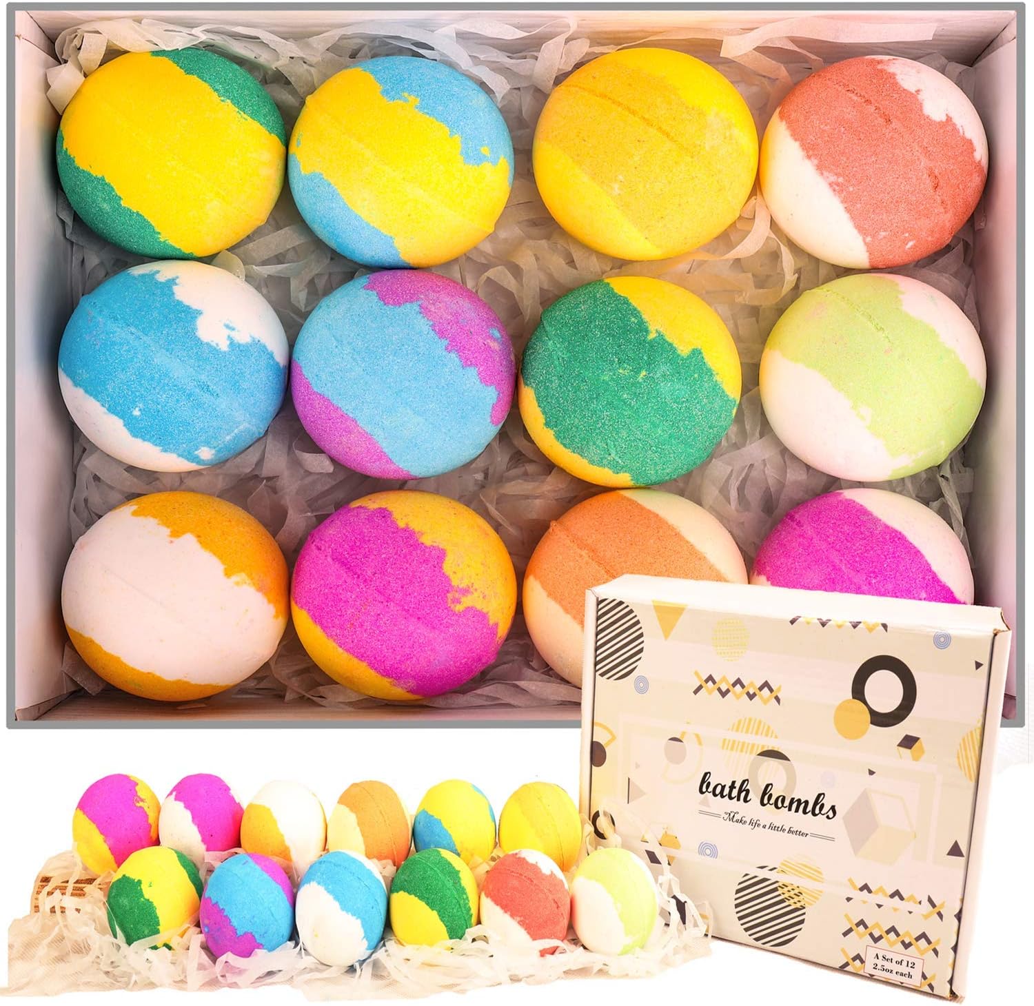 Bath Bombs, TOPVORK Multi-Colored Vegan 12 Pcs Bath Bomb Set in Luxurious Gift Box with Organic Essential Oils, Exclusive Floating Fizzies with Rich Bubbles for Everyone