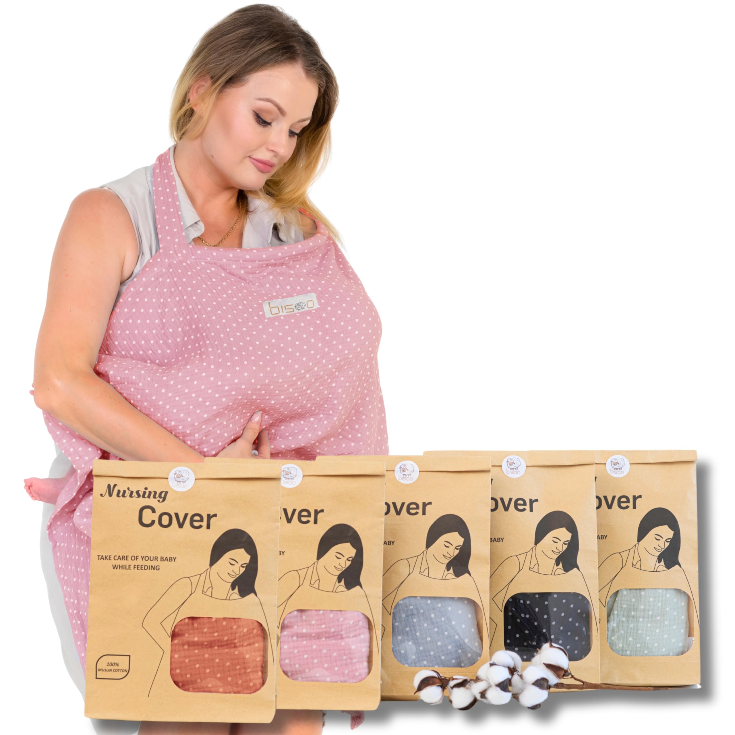 Bisoo Breastfeeding Cover for Mum - Adjustable 100% Muslin for a Breathable Privacy While Breastfeeding Your Newborn - Bag Included - Pink