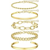 TEN MIRO 16k Chunky Gold Plated Bracelets for Women Non Tarnish, Womens Gold Plated Bracelets Stack Layered Chunky Chain Bracelets Waterproof Link Cuff Herringbone Bracelet Mothers' Day Jewelry Gifts