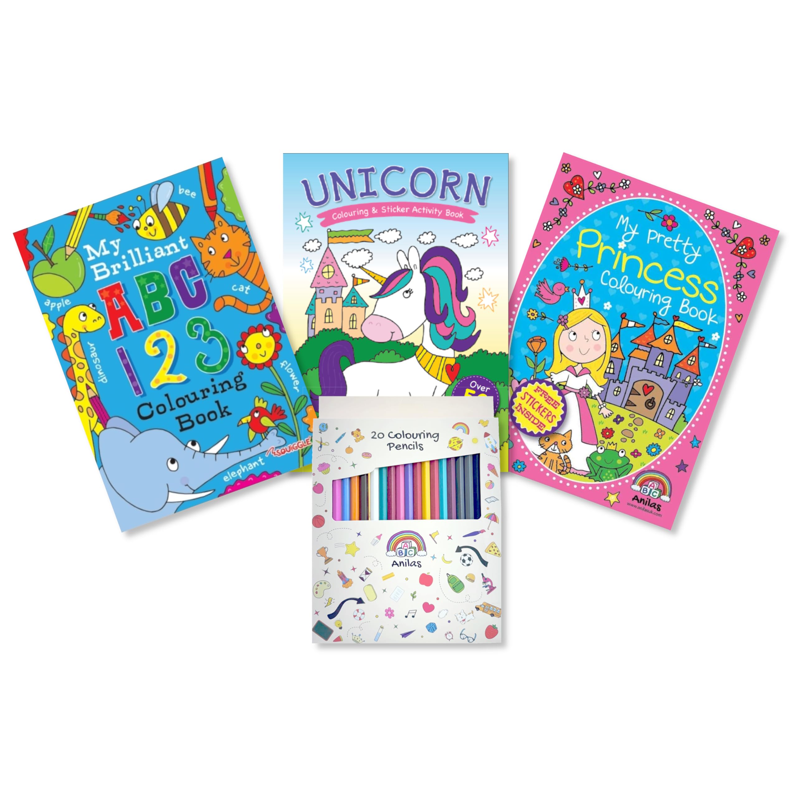 Anilas Girls Unicorn & Princess Sticker Activity & Colouring Books with Educational Book and Free Pencils or Felt Tip Pens (Perfect for Girls Ages 4-8) (Pencils)