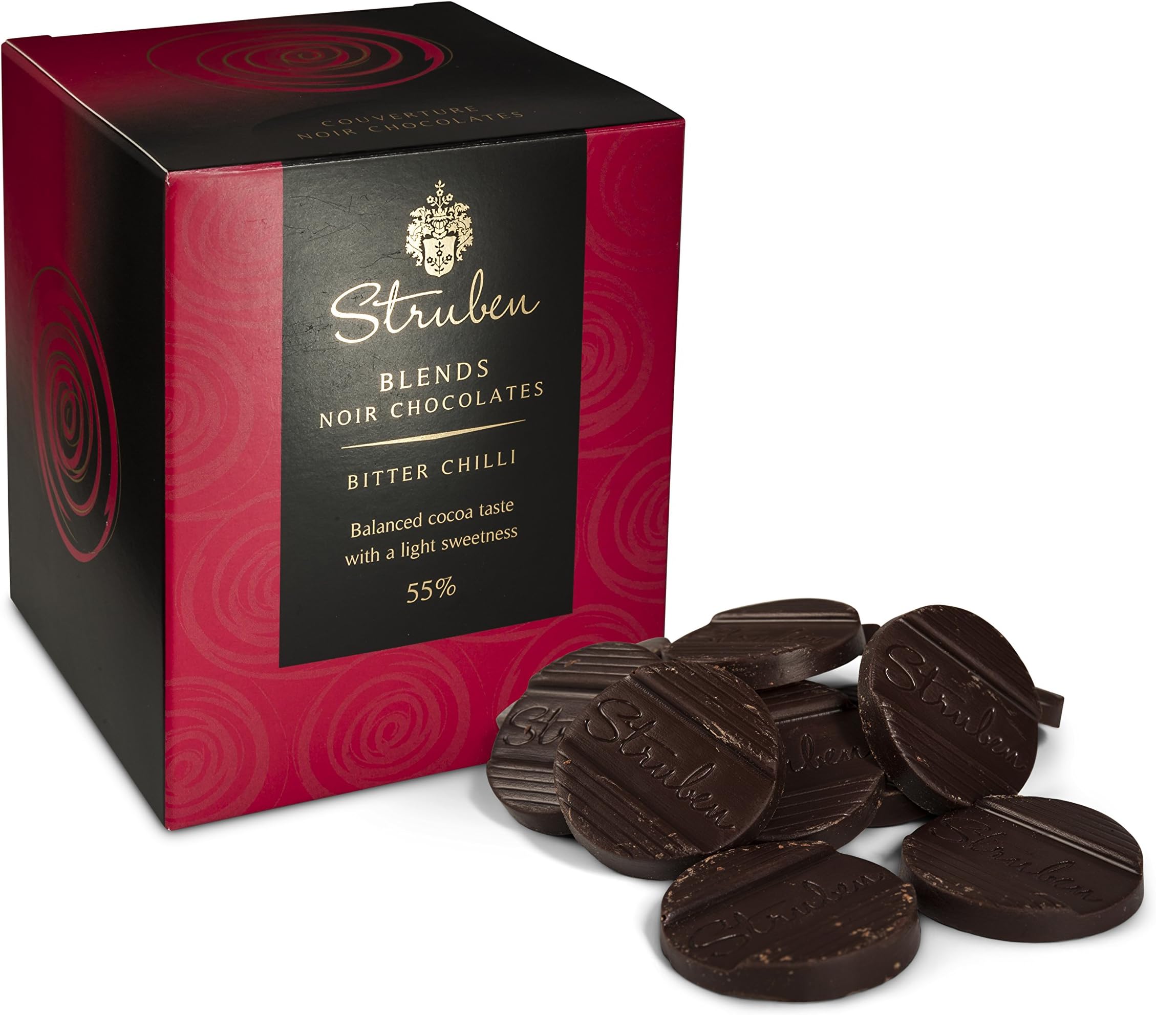 Struben Bitter Chilli Dark Chocolate Couverture - Cocoa 55% - Full Bodied with Bitterness, a Gentle Acidity and Natural Chilli - 16 Chocolates Moments, couverture Contains Less Sugar