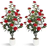 UPBUD Artificial Camellia Tree 2 Pack – 40'' Realistic Fake Potted Plant with 30 Red Flowers, Lifelike Faux Camellia Trees for Home, Living Room, Patio, Wedding, Event Decoration