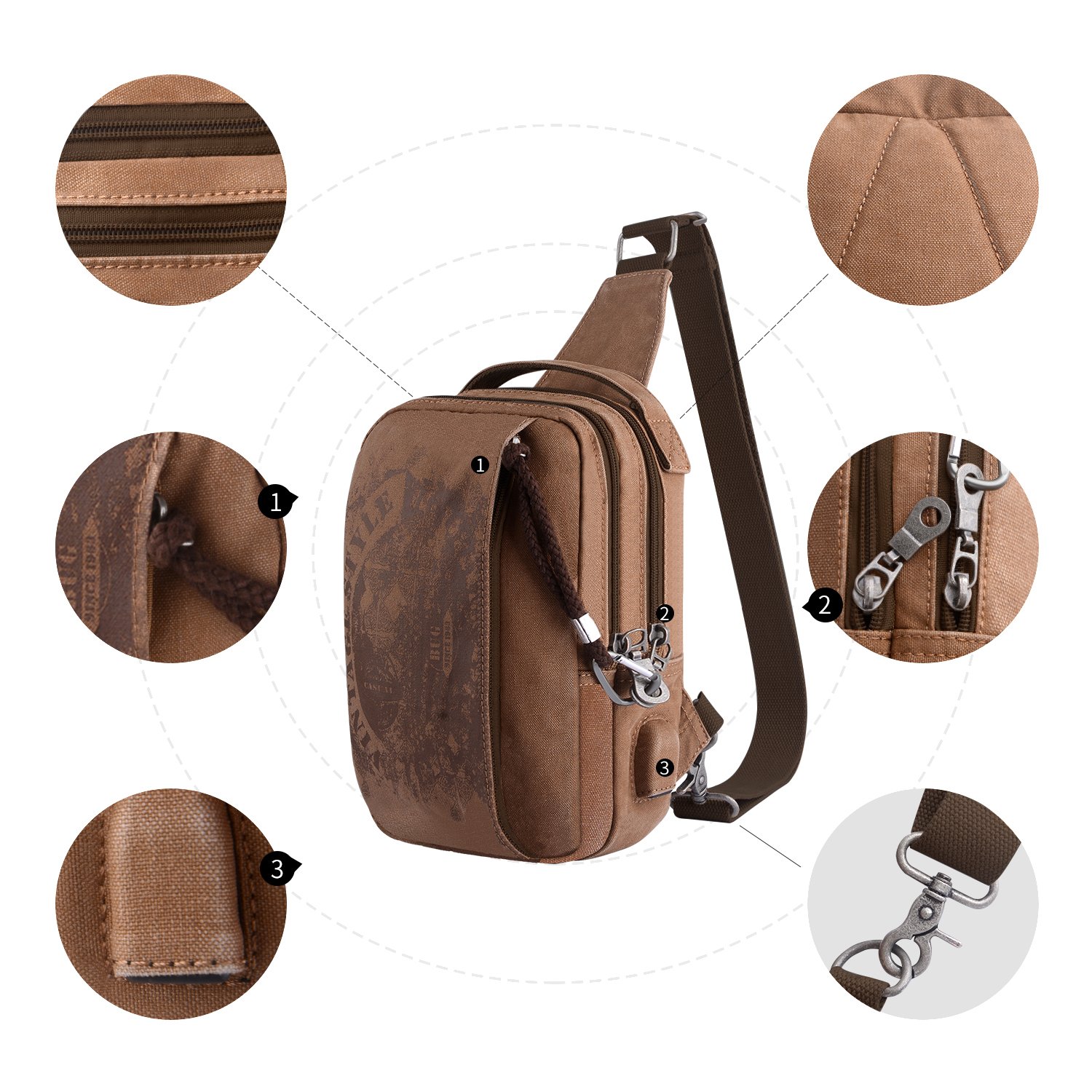 Sling Backpack Anti-Theft Canvas Bag One Strap Crossbody Shoulder Travel Sport Hiking Daypacks for Men Women USB Charging Port(Khaki)