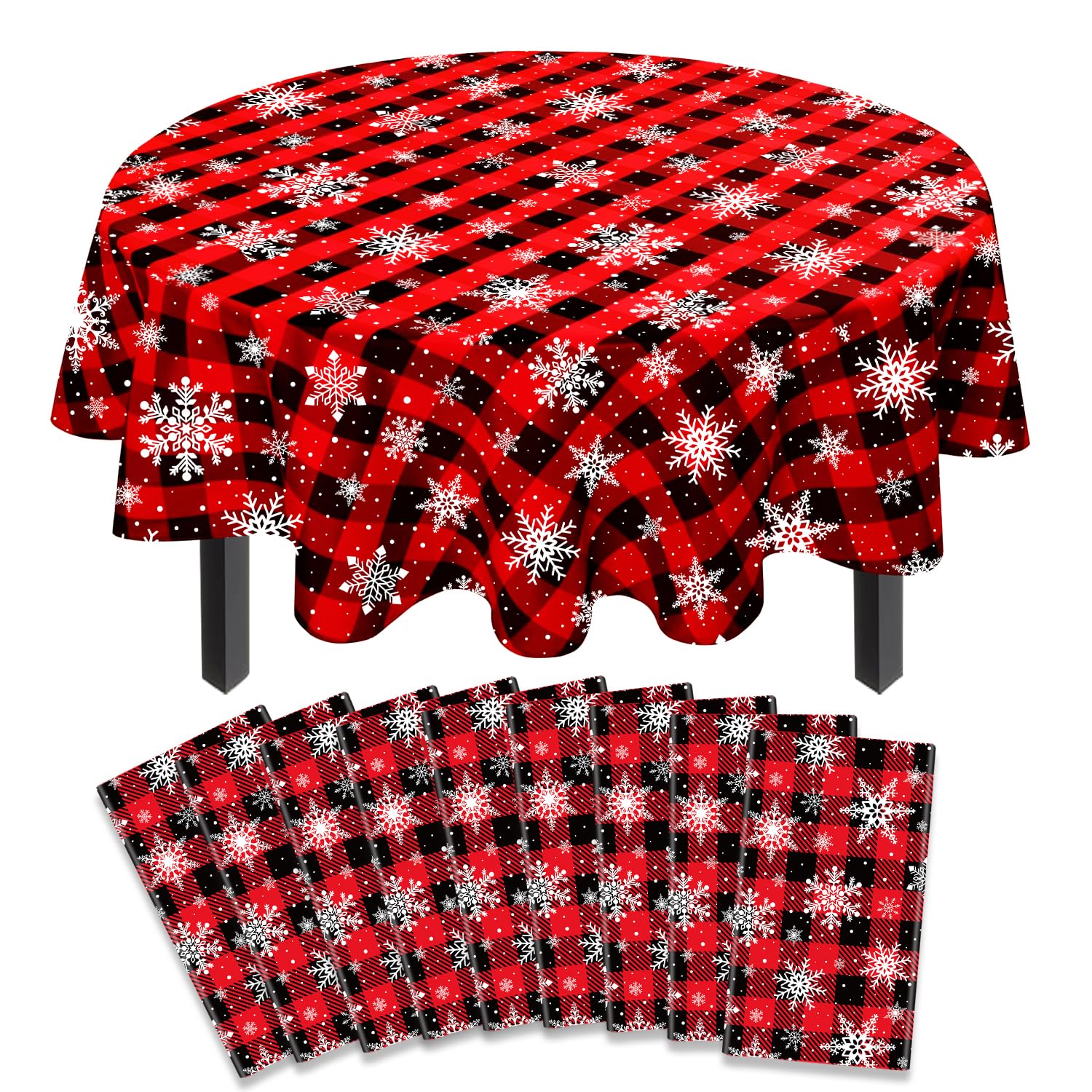 9 Pack Christmas Checkered Tablecloth Snowflake Tablecloth Buffalo Plaid Table Cover 51 X 86'' Disposable Round Red and Black Buffalo Plaid Table cloth for Xmas Party Decor Winter Holiday (9)