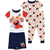Sesame Street Boys' Cotton Pajamas 4-Piece Elmo PJ Set, White/Red, Toddler Size 4