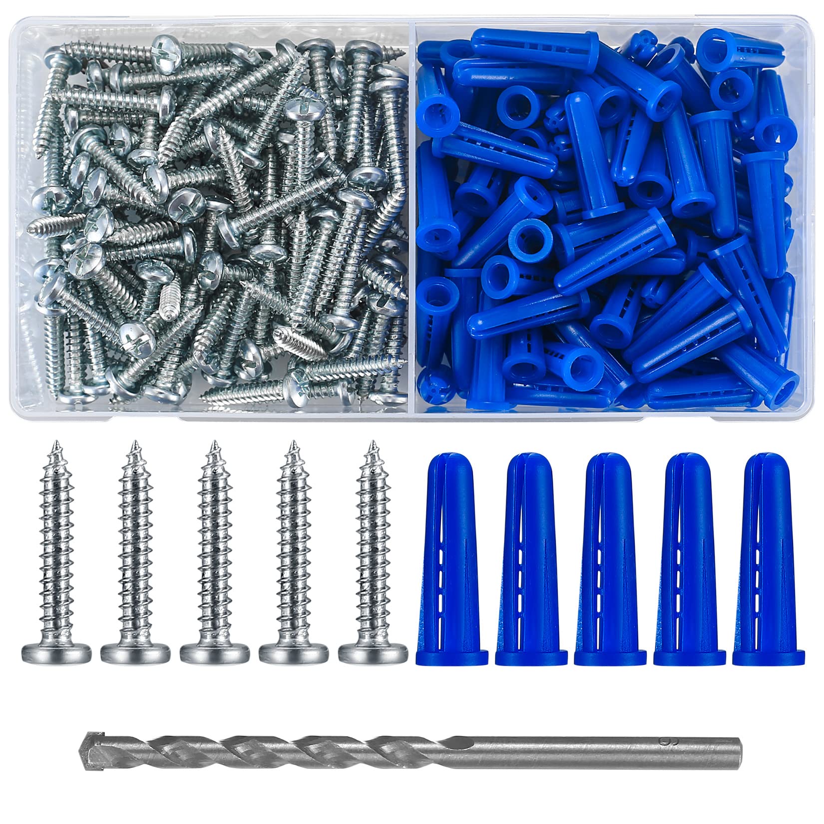 200pcs Conical Concrete Wall Anchors and Screws for Drywall, Blue Conical Anchors and Self-tapping Screws, Includes 100pcs Drywall Anchors, 100pcs Pan Head Screws, 1 x Drill Bit