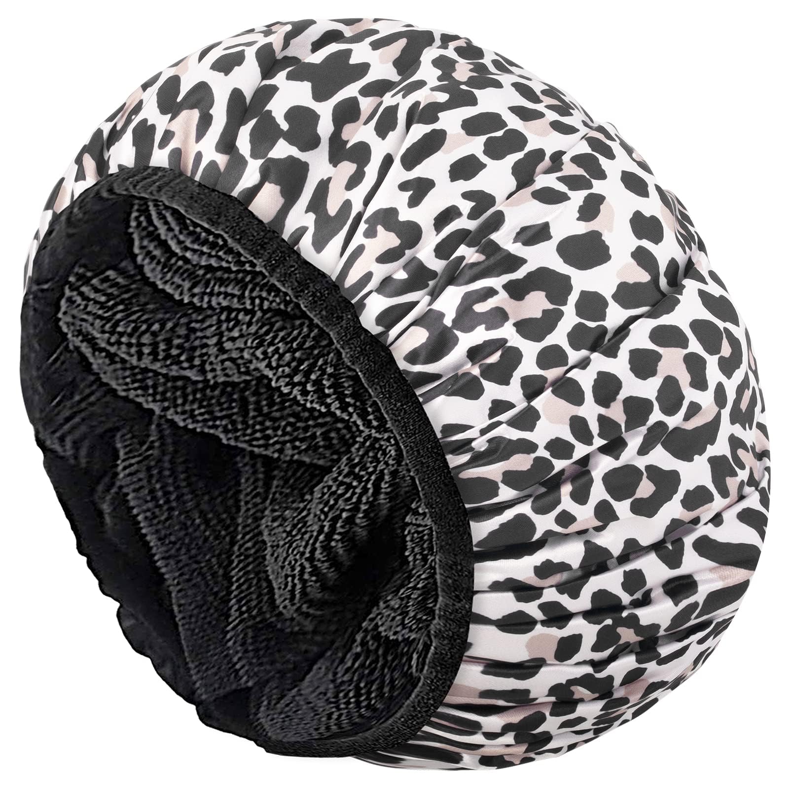 Aquior Shower Cap,Extra Large Triple Layer Bathing Cap with Dry Hair Function for Women Microfiber Terry Cloth Silky Satin 100% Waterproof Reusable Long Hair Bath Caps (Leopard)