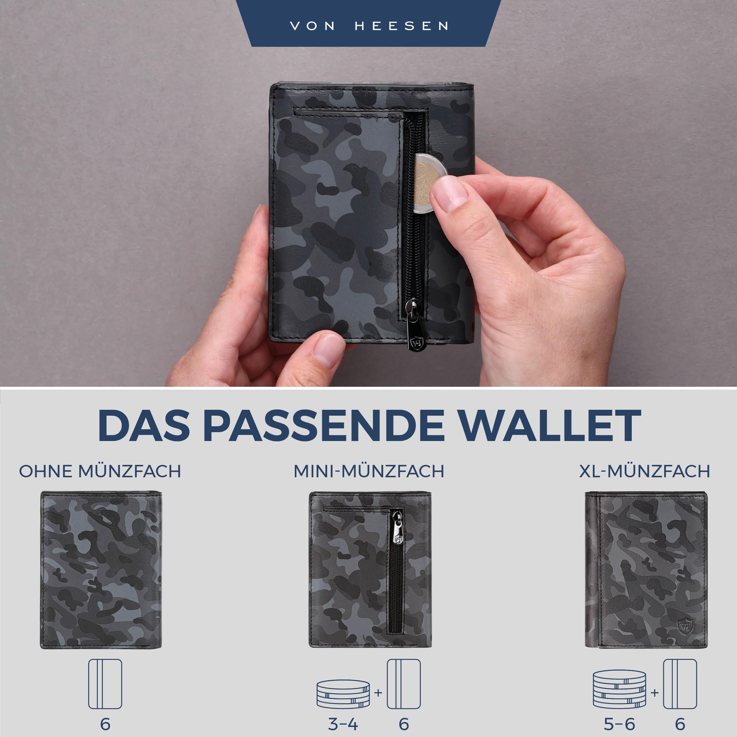 VON HEESEN® Leder Geldbörse Herren mit Münzfach & RFID Schutz I Echtleder Geldbeutel für Männer & Damen I Portemonnaie Brieftasche Wallet Portmonee (Camouflage Grau) 6