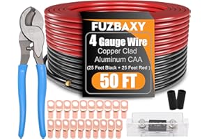 FUZBAXY 4 Gauge Wire (25 Feet Black+25 Feet Red) Copper Clad Aluminum Automotive Power Ground Cable Wire,20PCS Lugs Terminal Connectors,Heat Shrink Tubing,100A ANL Fuse with Cable Cutter