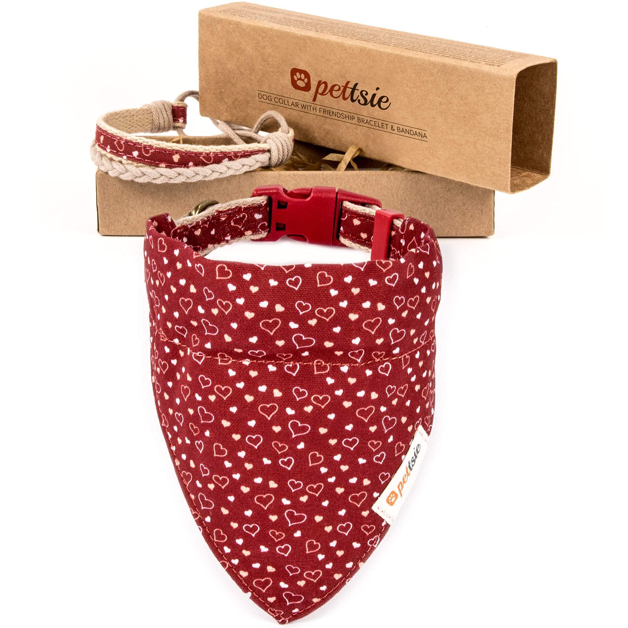 Pettsie Dog Collar Bandana with Matching Bracelet, Adjustable for Small, Medium & Large Dogs, Durable Hemp, Soft & Stylish Design, S, Red