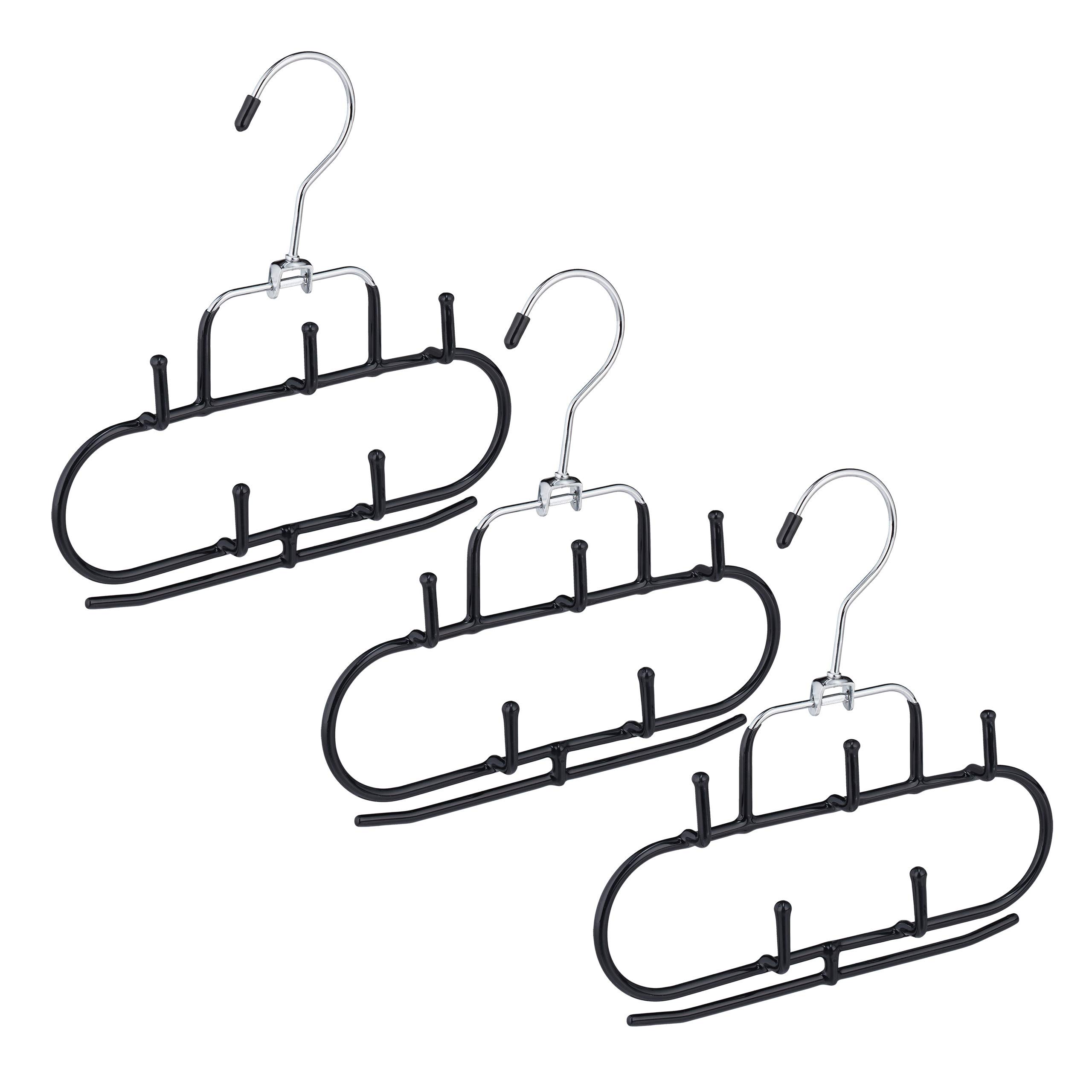 Relaxdays Belt Hanger, Set of 3, 5 Hooks, Bar, Non-Slip, Accessories Holder, Organiser for Ties & Scarves, Metal, Black