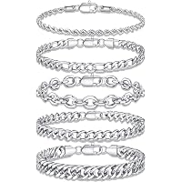Affolace 3-Piece Sterling Silver Bracelet Set For Men - Cuff, Snake, Rope Chains, Stackable, Adjustable Sizes - View #4