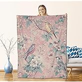 Romantic Bird Blanket for Women Girls and Nature Lovers, Flannel Blankets Gifts, Floral and Branch Throw for Sofa Couch Bed Living Room, Soft Warm Cozy Home Cabin Decor 60" x 50"