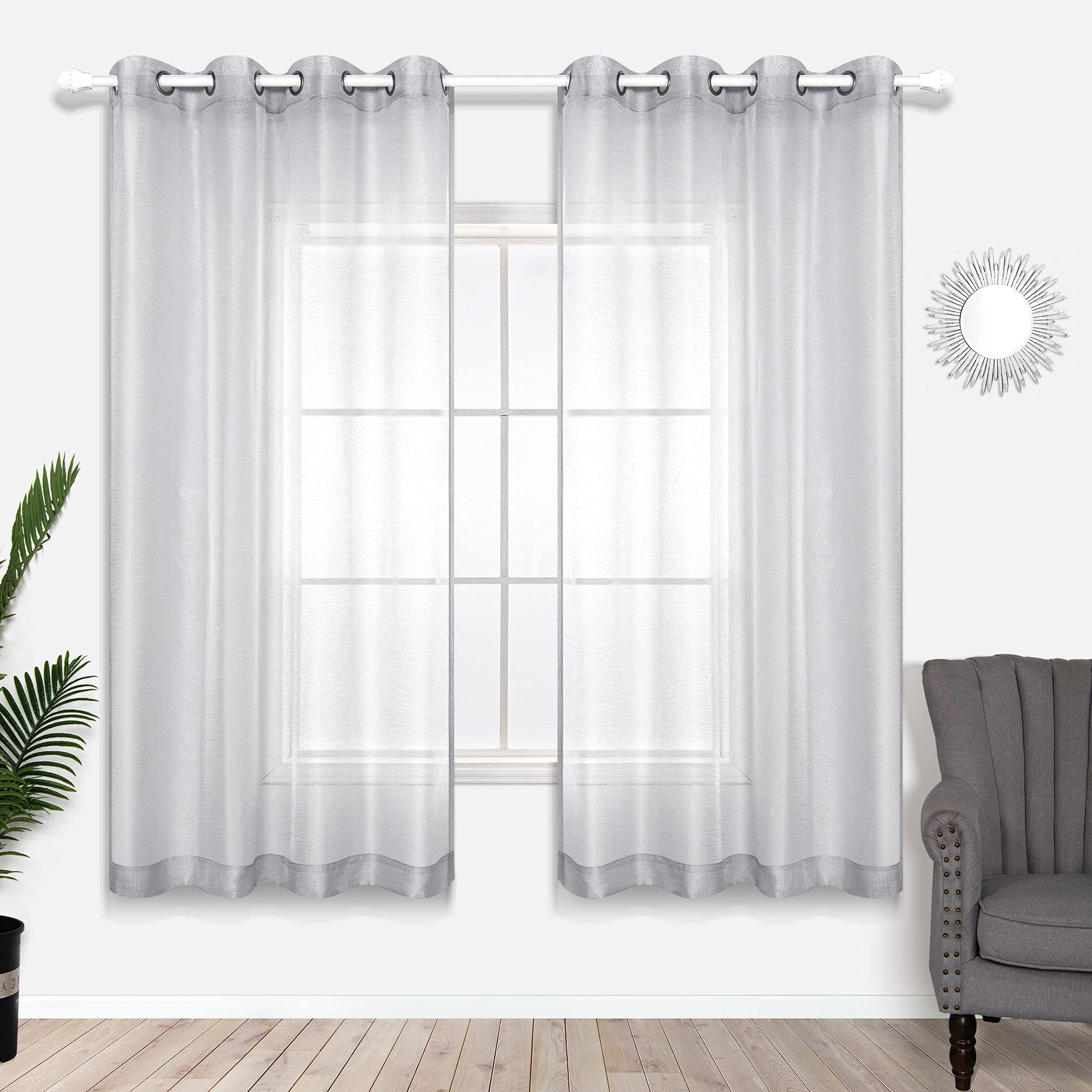 KOUFALL Silver Curtains 63 Inch Length for Bedroom 2 Panel Sets Grommet Window Sheer Luxury Glam Curtains for Girls Room Decor 52x63 Inches Long