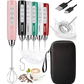 YUSWKO Handheld Milk Frother Wand for Coffee, Rechargeable Electric Whisk with 3 Heads 3 Speeds Drink Mixer Coffee Frother For Latte, Cappuccino, Hot Chocolate, Egg, Pink with Bag