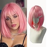 Aecaeceo Pink Bob Wig with Bangs Light Pink Wigs for Women 12 Inches Synthetic Wig Cosplay Colorful Wigs Fun Straight Wig Natural Hair Replacement Wigs for Daily Party Use