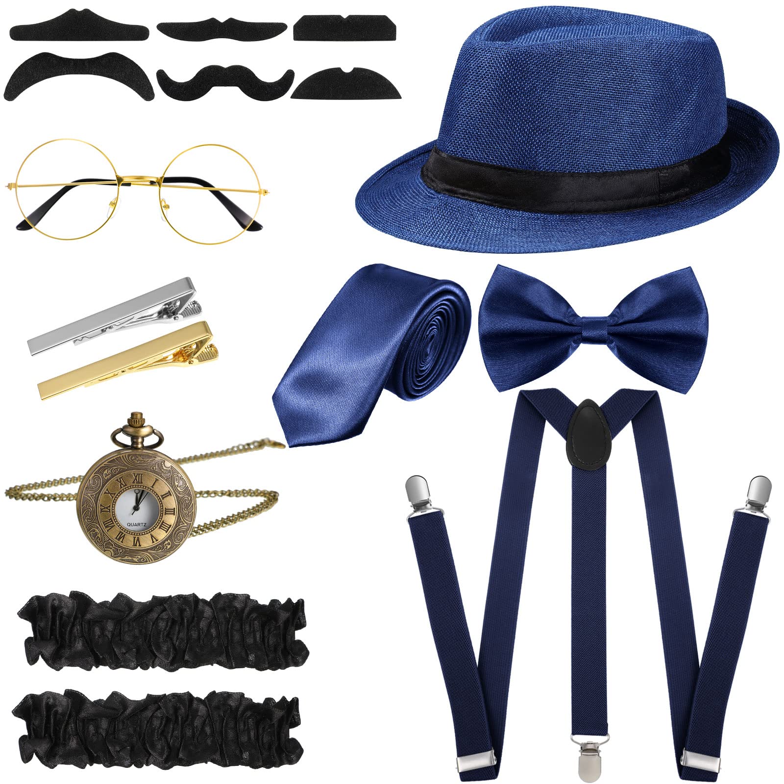 1920s Men Costume Accessories Set Roaring Retro Gangster Costume, Hat, Bow Tie, Pocket Watch, Suspender, Glasses, Beard, Armband Garters, Tie Clips (Dark Blue, Simple Style)