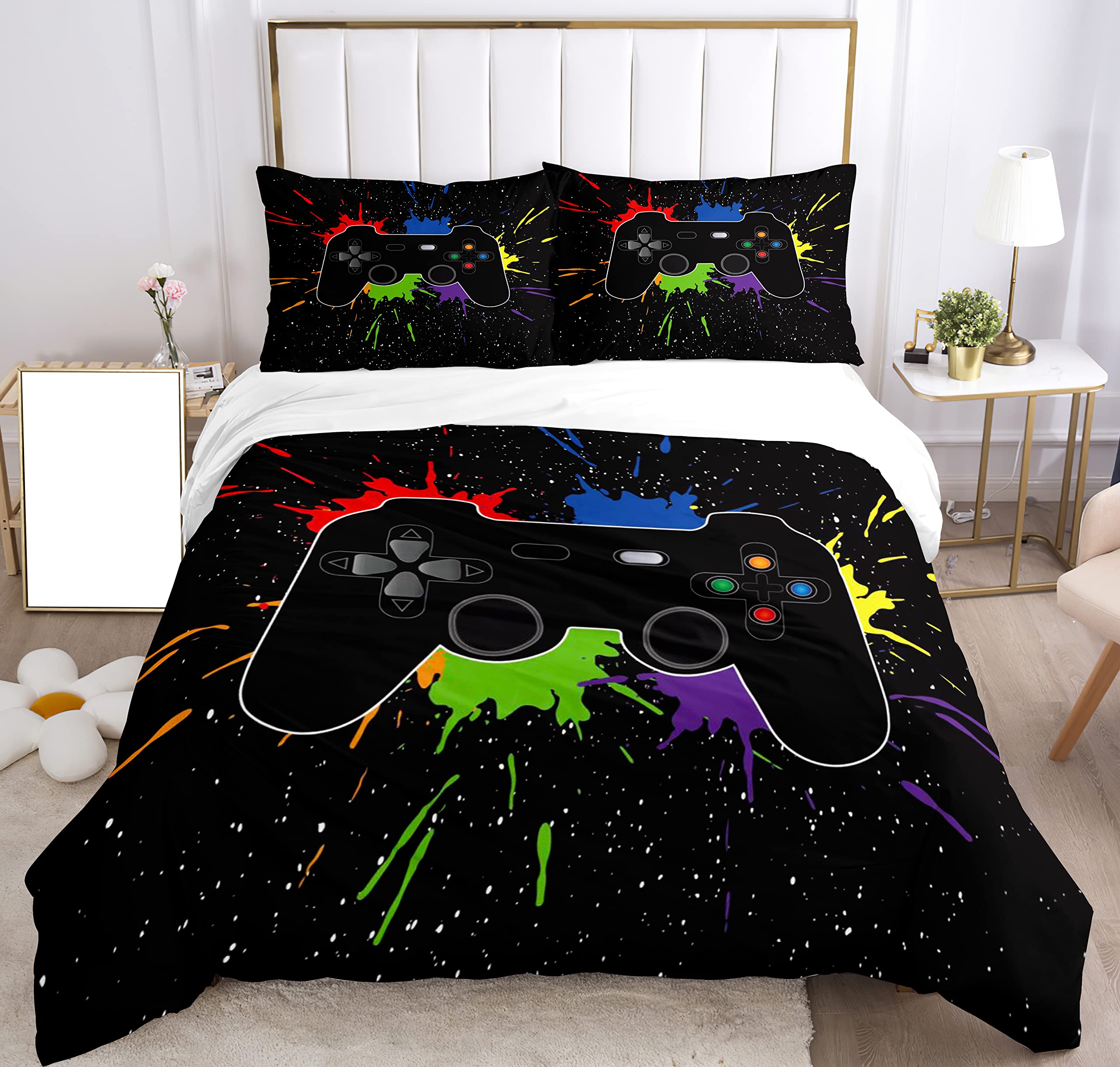 Bedding Sets Kids Gamepad,Bedding Set Boys Gamepad Bedding Set Bedding Set 3D Effect Gamepad Print Microfiber Duvet Cover and Pillow Case 50x75cm. (Style F, 220x240 cm) — image 1
