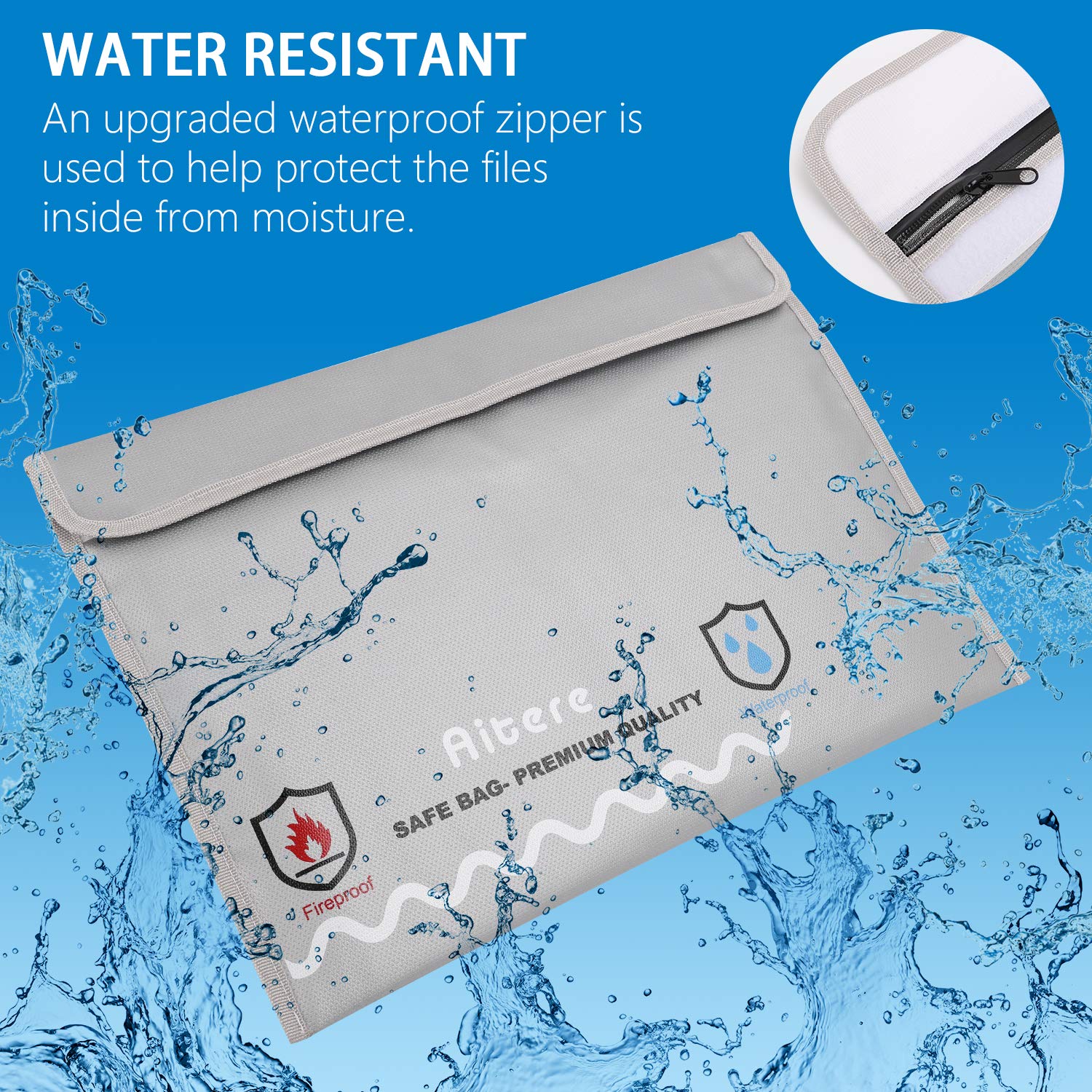 Aitere Fireproof Safe Document Bag- New Version Fireproof Envelope for Documents Non-Itchy Liquid Silicone Coated Fire & Water Resistant Money Bag Fireproof Safe Storage for Money, Documents, Jewelry