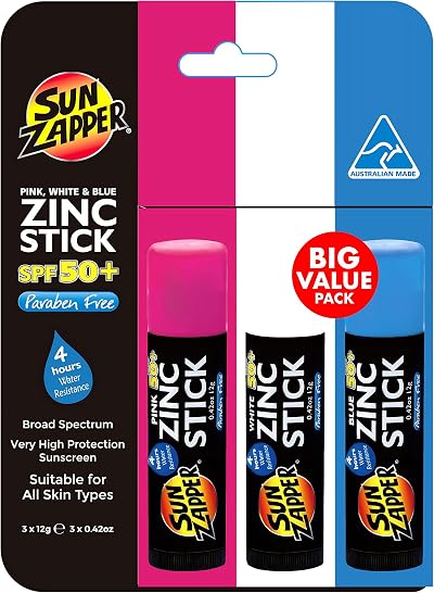 Sun Zapper Zinc Stick Pink Blue White SPF50+ Coloured Sunscreen Made in