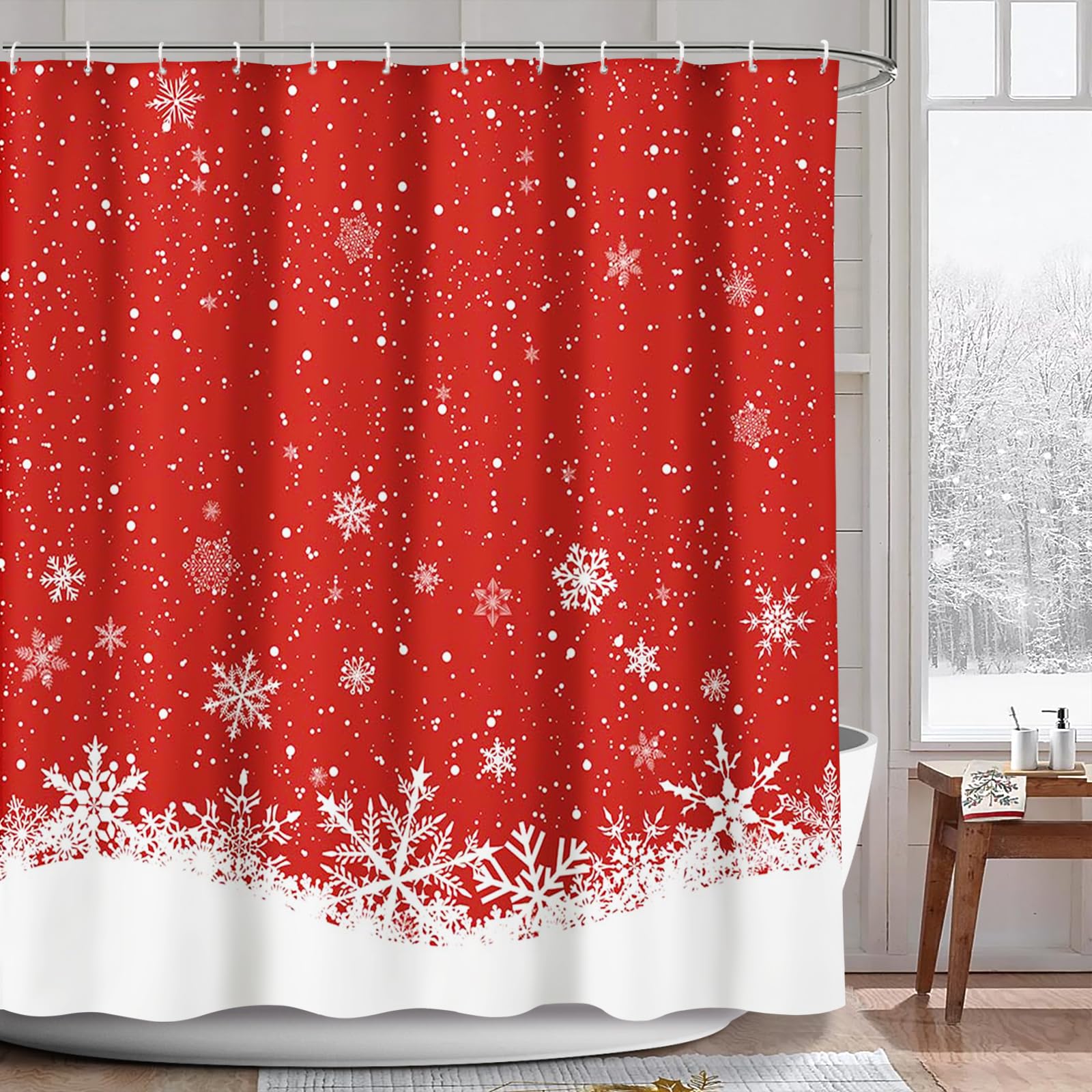 AIBIIN Red Christmas Shower Curtain White Snowflakes Bath Curtains for Bathroom Winter Festival Home Decor Durable Polyester Material with 12 Hooks 180x180cm