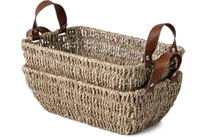 LAB COSI Labcosi Small Wicker Baskets for Organizing, Handwoven Toilet Paper Baskets for Toilet Tank, Seagrass Bathroom Baskets with Faux Leather Handles, Baskets for Gift Empty, Set of 2
