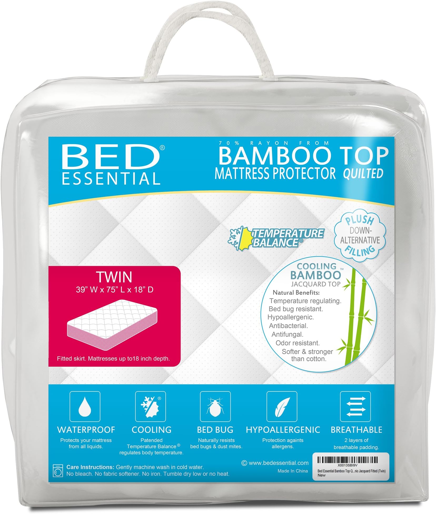 Bed Essential Bamboo Top Quilted Waterproof Mattress Protector Cooling Pillow Topper Cover Pad Bed Bug Hypoallergenic Jacquard Fitted (Twin)