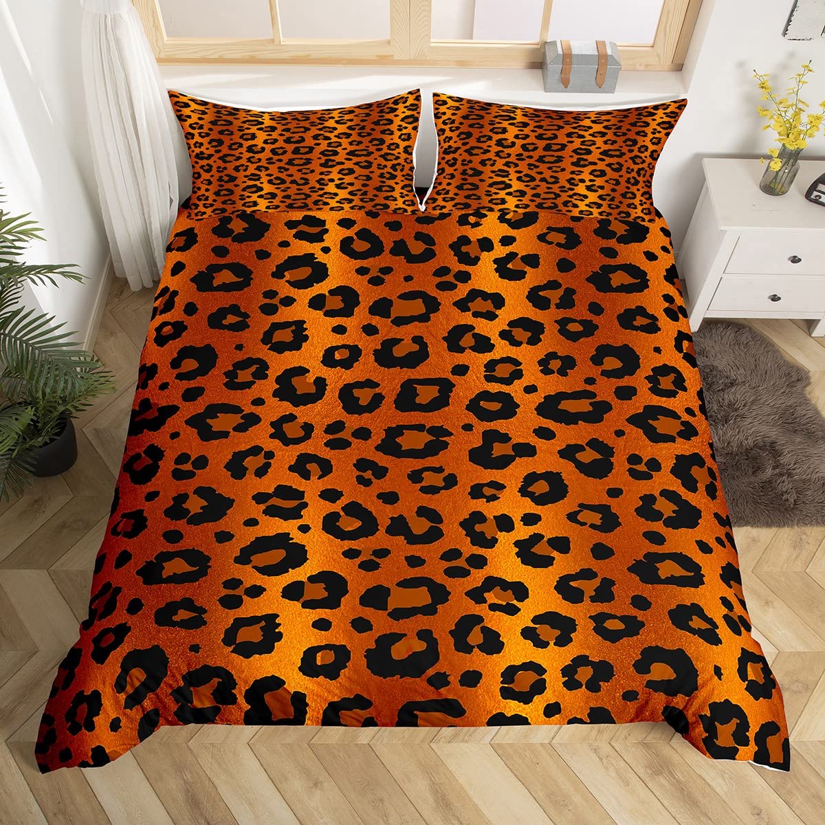 Leopard Comforter Cover Safari Cheetah Bedding Set Africa Animal Skin Texture Duvet Cover for Kids Boys Girls Orange Black Fur Bedspread Cover Double Size