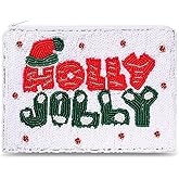 Christmas Coin Purse for Women Beaded Holly Jolly Pouch Bag Be Merry Joy Purse Handmade Small Change Purse Wallet with Zipper Christmas Outfits Accessories Gifts (Style H)