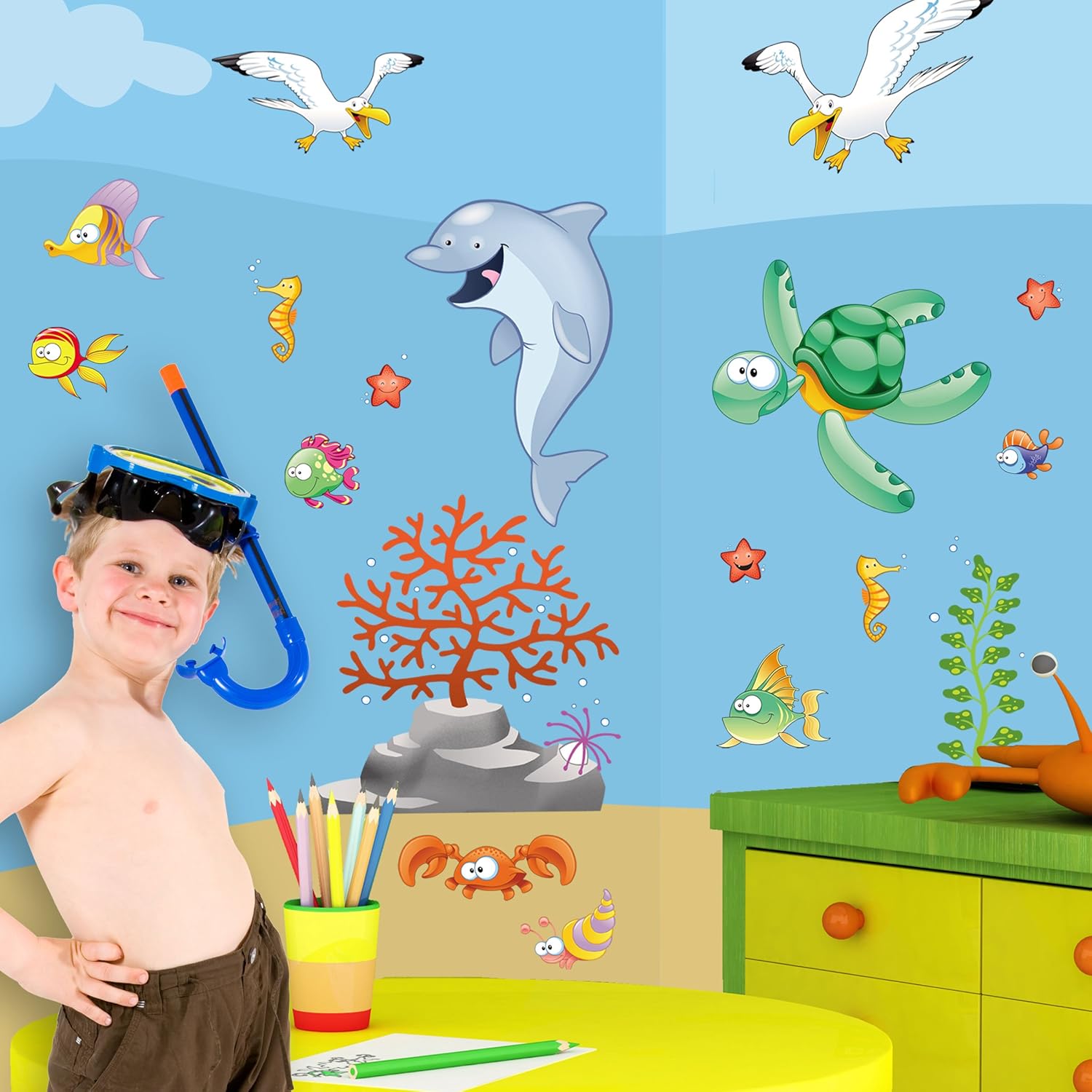 Set di 18 adesivi murali per camerette a tema mare pesci pesciolini tartarughe delfini granchi stelle marine Trasforma la cameretta dei tuoi