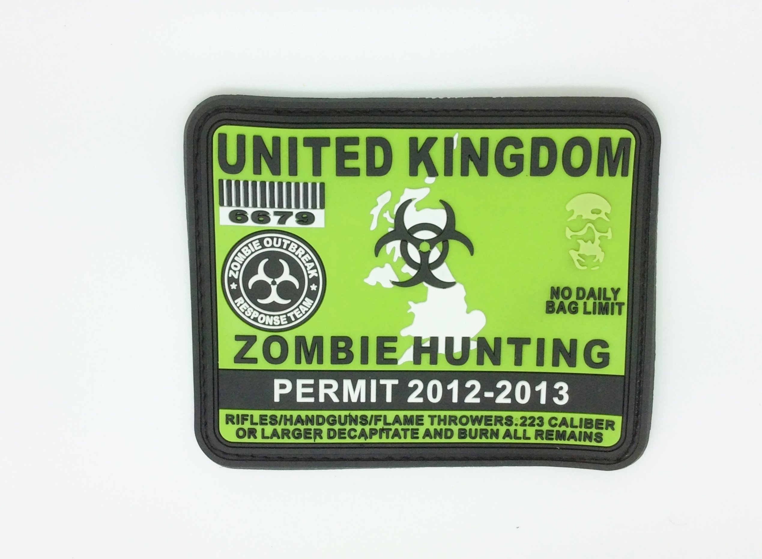 United Kingdom Zombie Hunting Permit Green PVC Large Airsoft Patch