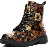 coolcustomize Retro Floral Combat Boots for Women, Comfortable Vintage Flower Print Lace-Up Ankle Boots Platform Booties