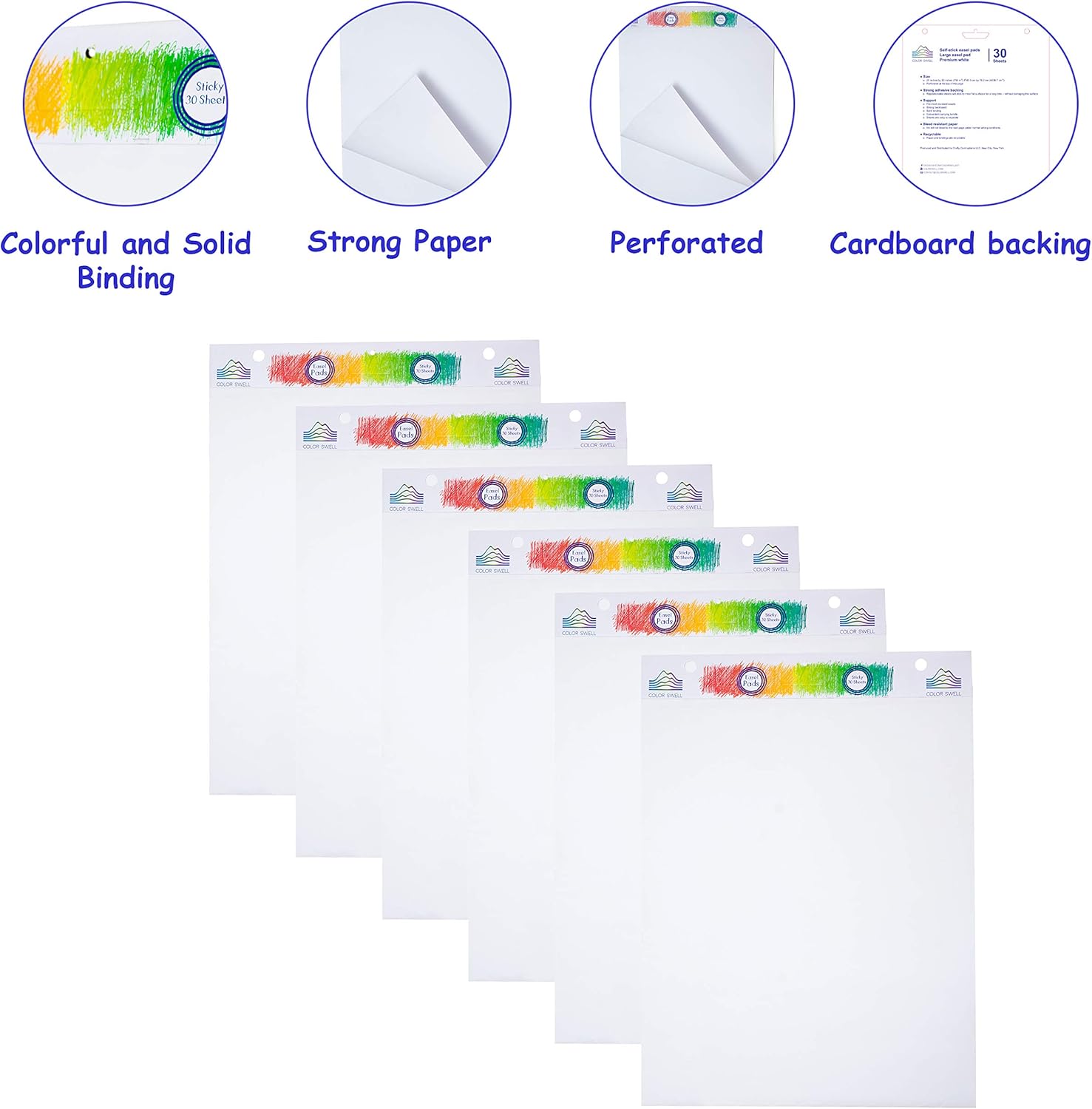 Color Swell 6 Pack 30 Sheets Each of Sticky Easel Pads Plus a Bonus Pack of Washable Markers, Great for The Office, Classroom, Groups, Presentations, Meetings, and Brainstorming