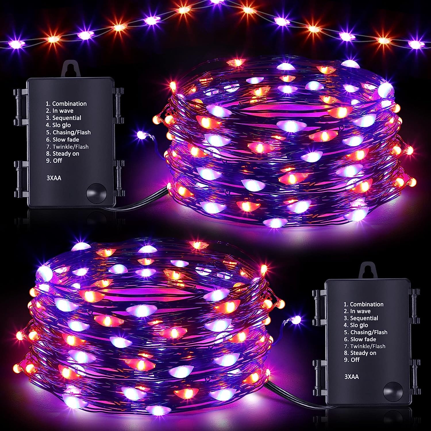 Photo 1 of Hiboom 2 Pack Orange and Purple Halloween Lights, 16.4ft 50 LED, 8 Modes Battery Operated Fairy String Lights for DIY Home Bedroom Holiday Party Decor