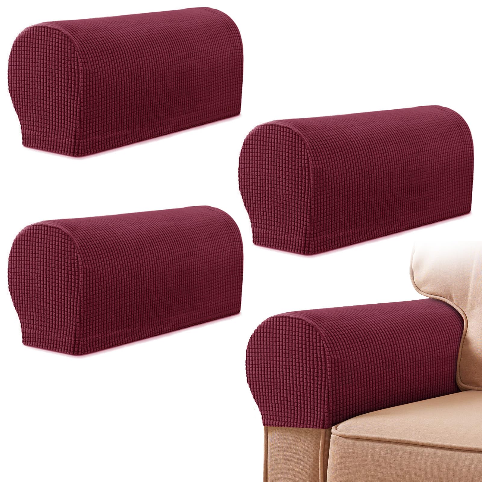 Armrest Chair Covers, Set of 4 Stretch Armchair Covers for Arms，Spandex Polyester Sofa Arm Caps Non Slip Armrest Covers for Chairs Furniture Protector Armchairs Sofa Couches Recliner (Wine Red)