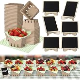 Lerheedi 24 Set Farmer Market Decoration Farm Stand Supplies,Green | Natural Pulp Fiber Berry Basket, Mini Chalkboard Sign, Deli Paper Sheet, for Strawberry Fruit Vegetable Farmer Grocery