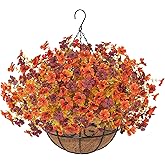 unlemoni Fall Artfiticial Hanging Flowers Baskets for Outdoors, UV Resistant Fake Fall Hanging Plants, Faux Orange Flowers for Autumn Home Patio Garden Front Porch Balcony Decor (Orange Red)