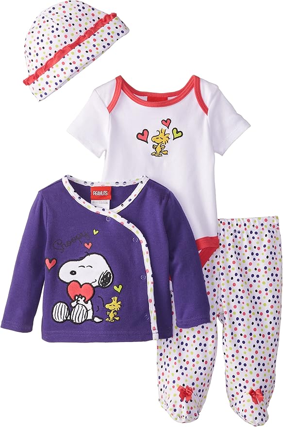 Peanuts Baby Girls' Newborn Snoopy 4 Piece Gift Set, Deep Blue, 6 Months Clothing