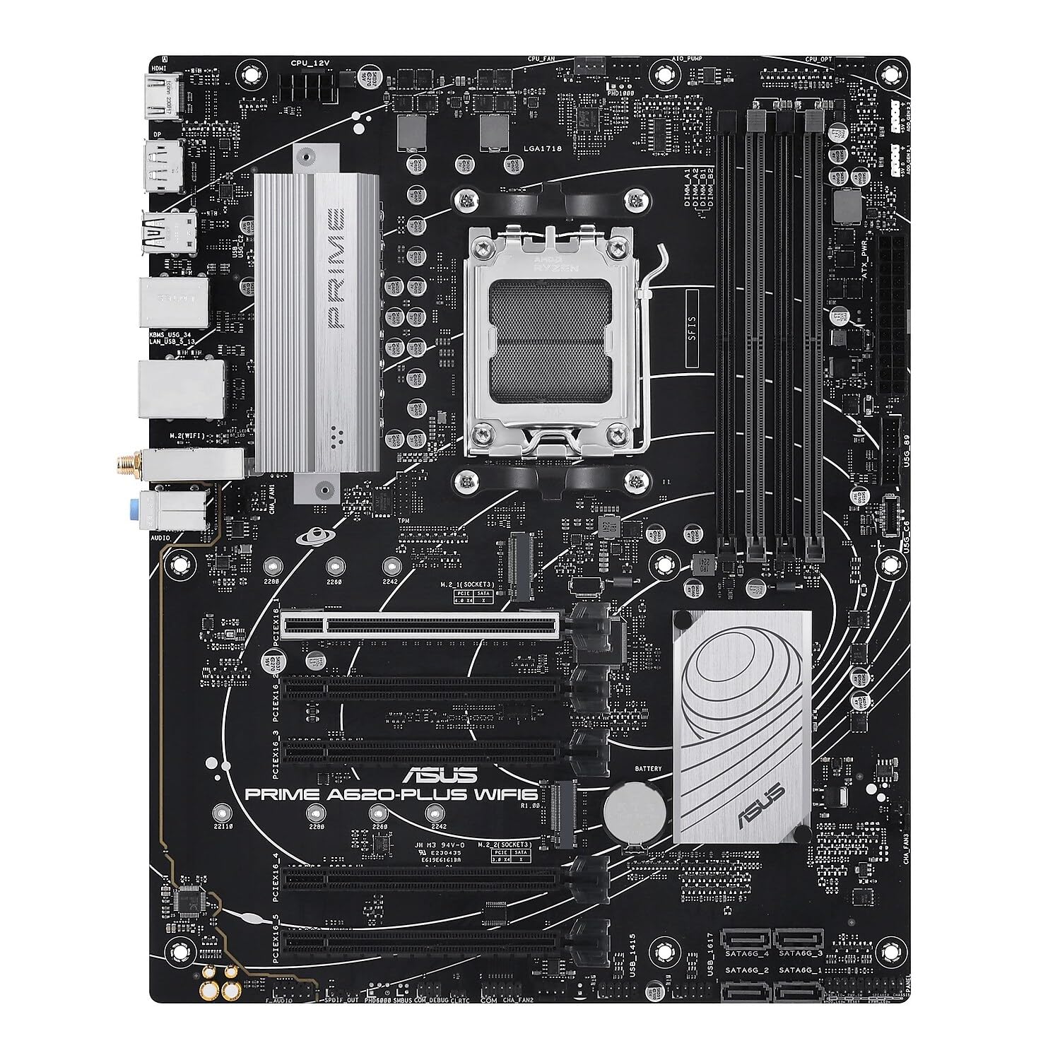 Photo 1 of ASUS Prime A620-PLUS WIFI6 AMD A620 AM5 ATX Motherboard, DDR5, PCIe 4.0, Dual M.2 Slots, WiFi 6, DisplayPort/HDMI™, Rear & Front USB 5Gbps Type-C, SATA 6 Gbps, Two-Way AI Noise Cancelation, Aura Sync