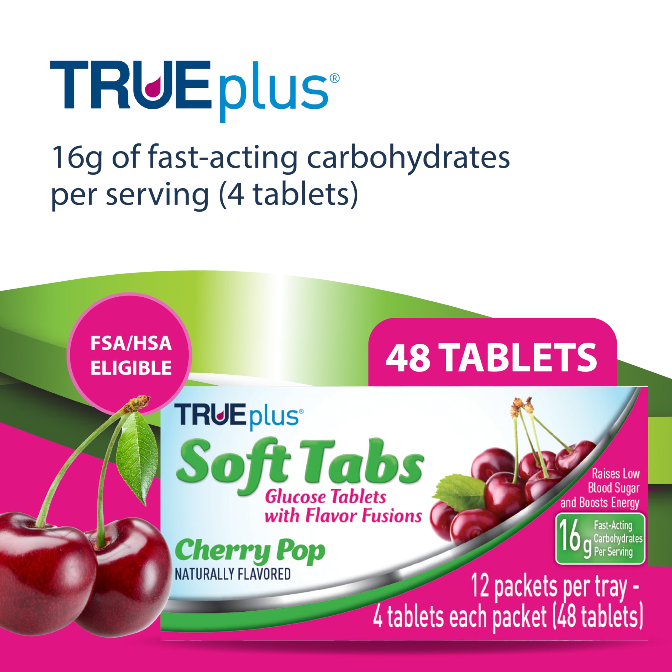 TRUEplus® Soft Tabs Glucose Tablets – 12 Packs – 48 tabs (Cherry Pop)