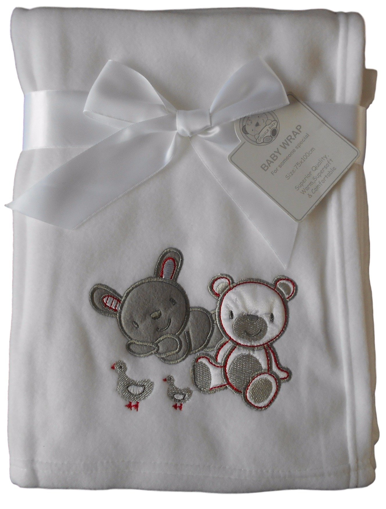 Baby Boys Girls Cute White Bunny and teddy Bear Wrap Blanket 100cm x 75cm approx