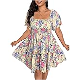 Verdusa Women's Plus Size Boho Floral Print Short Sleeve Dress High Waisted A Line Ruffle Short Dresses