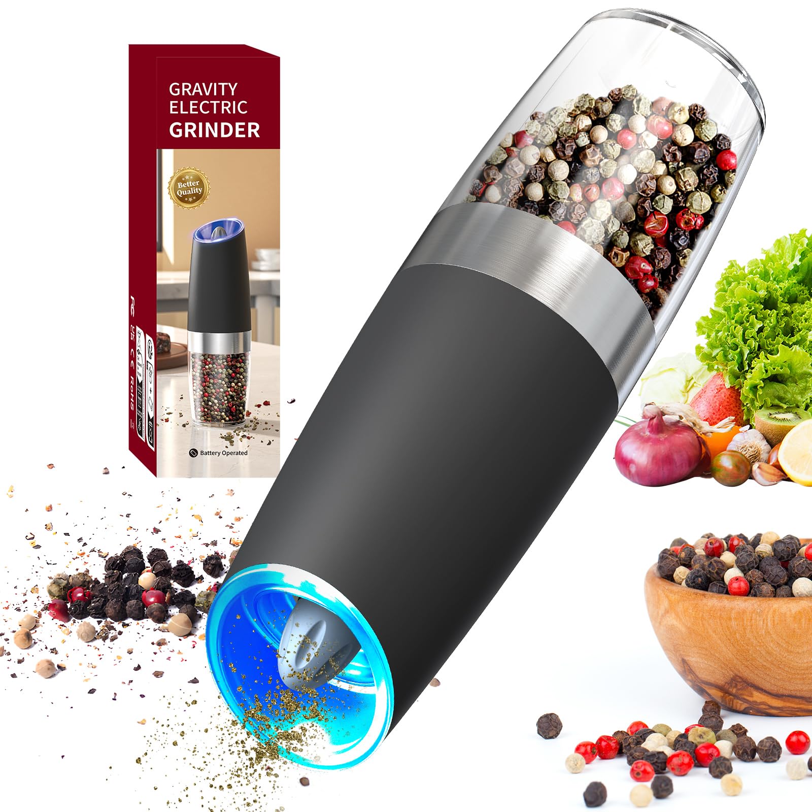 Photo 1 of CIRCLE JOY Gravity Electric Pepper Grinder Salt Grinder Pepper Griner Mill Electric with LED Light, Battery Operated, Adjustable Coarseness, Washable 135ml Container, Black