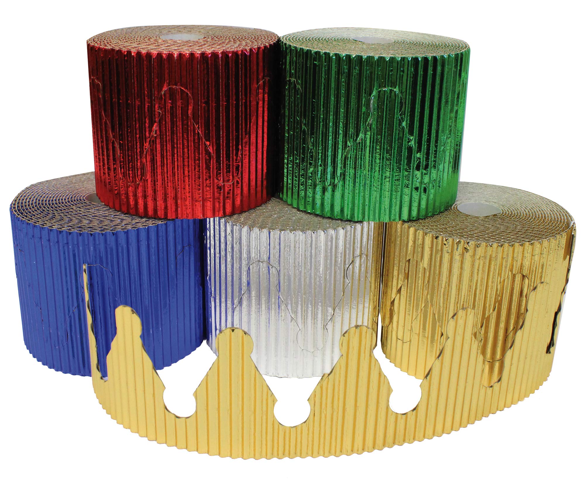 Bright Ideas Corrugated Border Rolls for School Displays, Metallic Assortment, 5 Pack, 57mm x 5m (10m When Split), BI7865